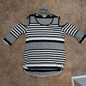 Cyrus Black and White Striped Cold-Shoulder Tunic